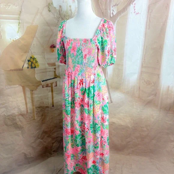 NEW Lilly Pulitzer Smocked Midi Dress Journey to the Jungle - Picture 5 of 12